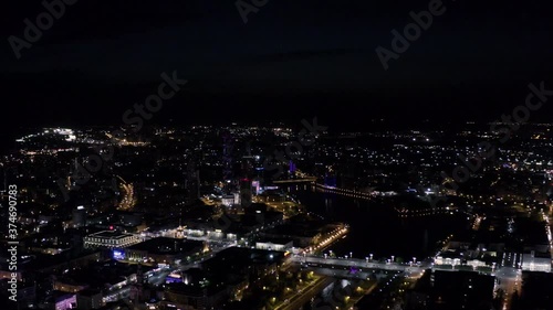 Wallpaper Mural Panorama of modern dark city at night. Stock footage. Top view of beautiful modern city with glowing skyscrapers on dark night. Beautiful city landscape at night Torontodigital.ca