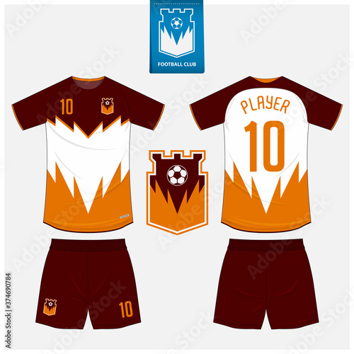 Soccer jersey or football kit mockup template design for sport club. Football shirt, shorts mockup. Soccer uniform in front view, back view. Soccer logo in flat design. Vector Illustration.