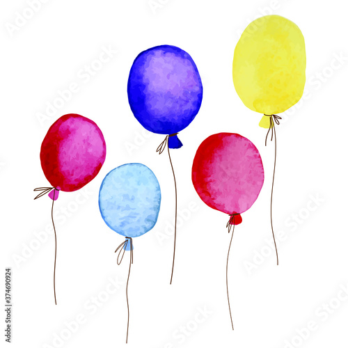 Vector bright kind color illustration with balloons. Watercolor balloons hand-drawn in a kind cute kind style. Festive picture, postcard, isolated festive objects for decoration of the celebration.