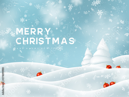 Merry Christmas and Happy New Year. Falling snowflakes with snowdrifts, fir tree and decorative red balls. Winter snowy background. Vector illustration.