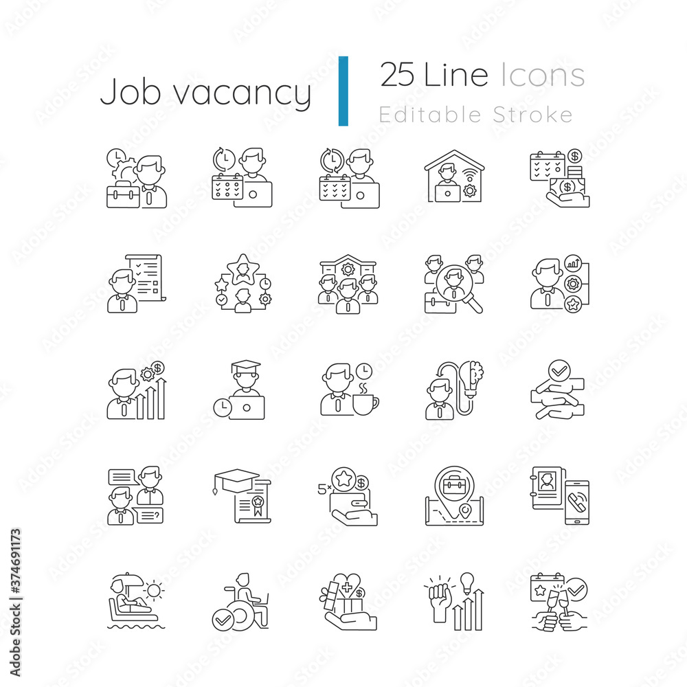 Job vacancy linear icons set. Work in company customizable thin line contour symbols. Corporate employment, company recruitment. Isolated vector outline illustrations. Editable stroke
