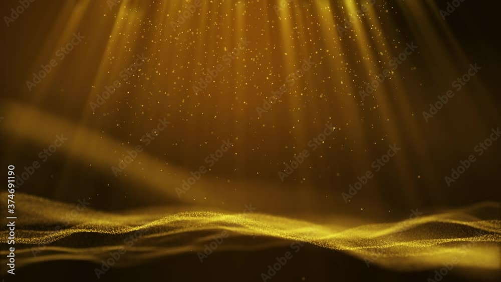Dark Yellow Gold particle form abstract animation background with falling and flicker light beam ray particles. 3D Rendering.

