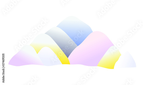 Vector flat cartoon illustration of snowy mountains. Hand-drawn drawing in a childish cute kind cheerful style with snow-covered hills. Cozy picture with cold frosty winter rocks snow  pastel delicate