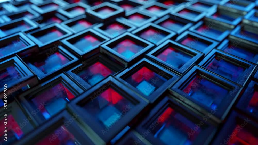 Abstract background from metal cubes with random offset effect. The glass inside the cubes reflects light. Seamless loop 3d render