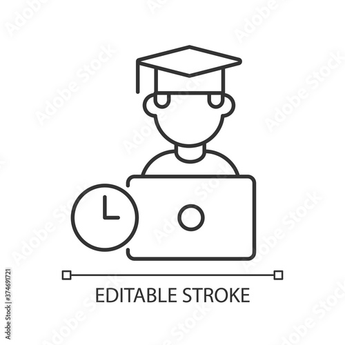 Remote education linear icon. Online training courses, e learning thin line customizable illustration. Contour symbol. Business school graduate vector isolated outline drawing. Editable stroke