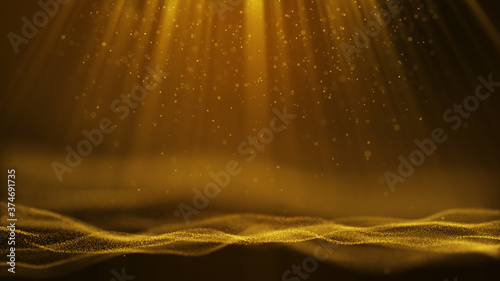 Dark Yellow Gold particle form abstract  background with falling and flicker light beam ray particles.3D Rendering.