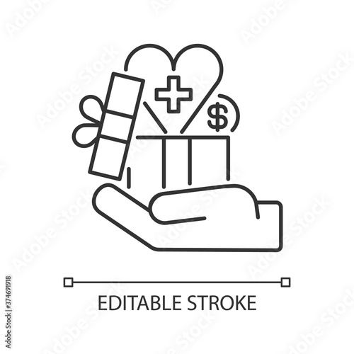 Corporate benefits linear icon. Financial and health insurance for workers thin line customizable illustration. Contour symbol. Employment advantages. Vector isolated outline drawing. Editable stroke