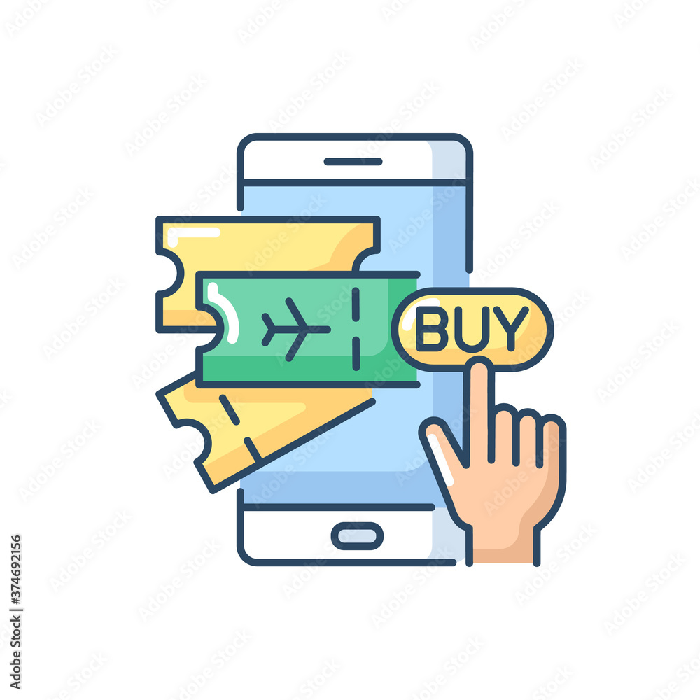 Buying tickets online RGB color icon. Service for booking airplane ticket. Mobile app for digital money transaction. Isolated vector illustration