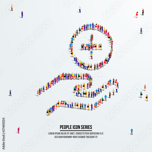 Medical or health care concept. A large group of people form to create a hand and hospital sign. People icon series. Vector illustration.