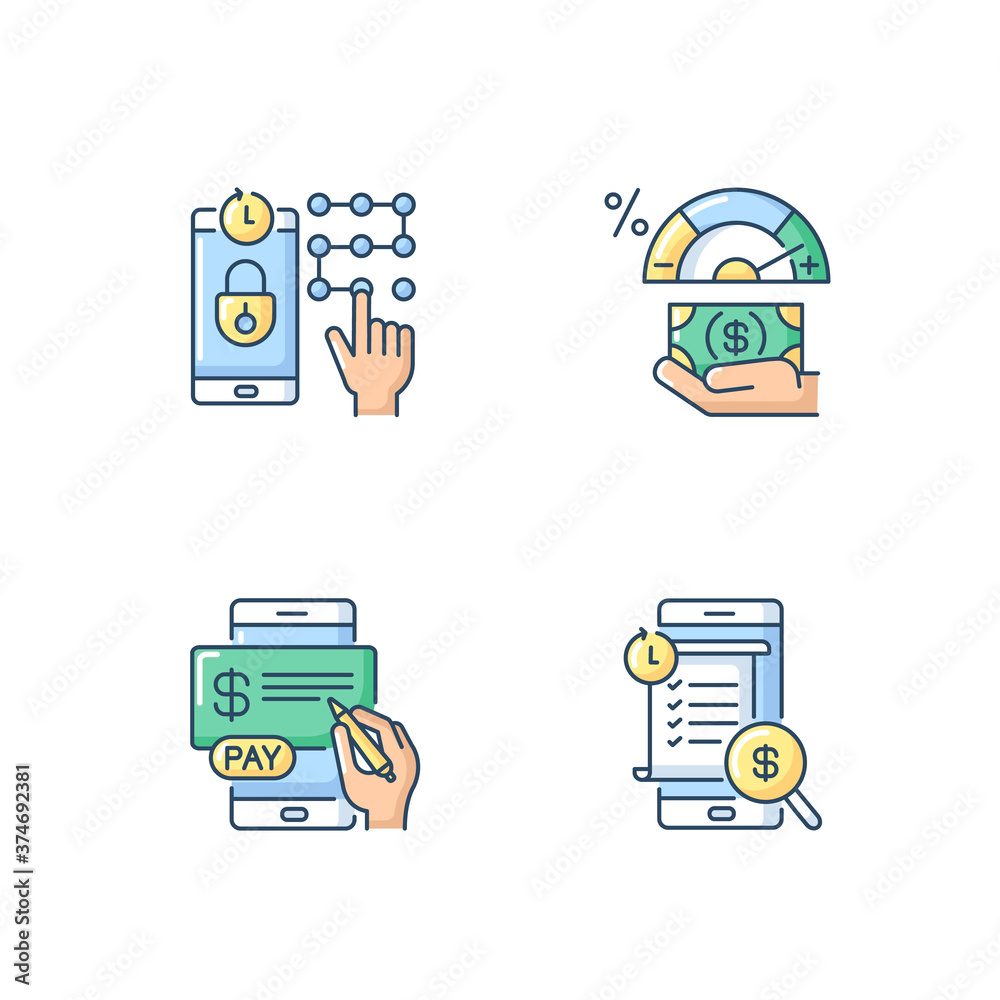 E banking service RGB color icons set. Request new PIN. Transaction history. Pay in cheques. Credit score changing. Isolated vector illustrations E banking service RGB color icons set. Request new PIN. Transaction history. Pay in cheques. Credit score changing. Isolated vector illustrations