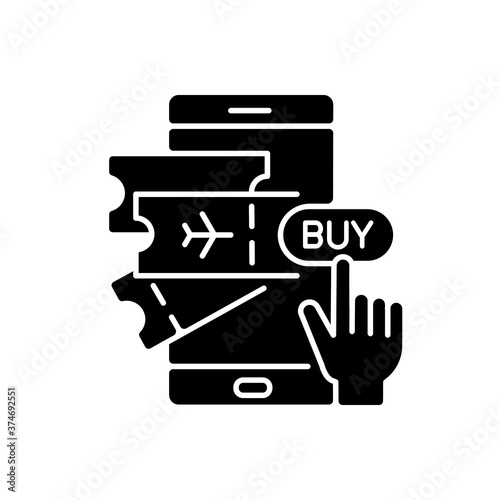 Buying tickets online black glyph icon. Service for booking airplane ticket. Mobile app for digital money transaction. Silhouette symbol on white space. Vector isolated illustration