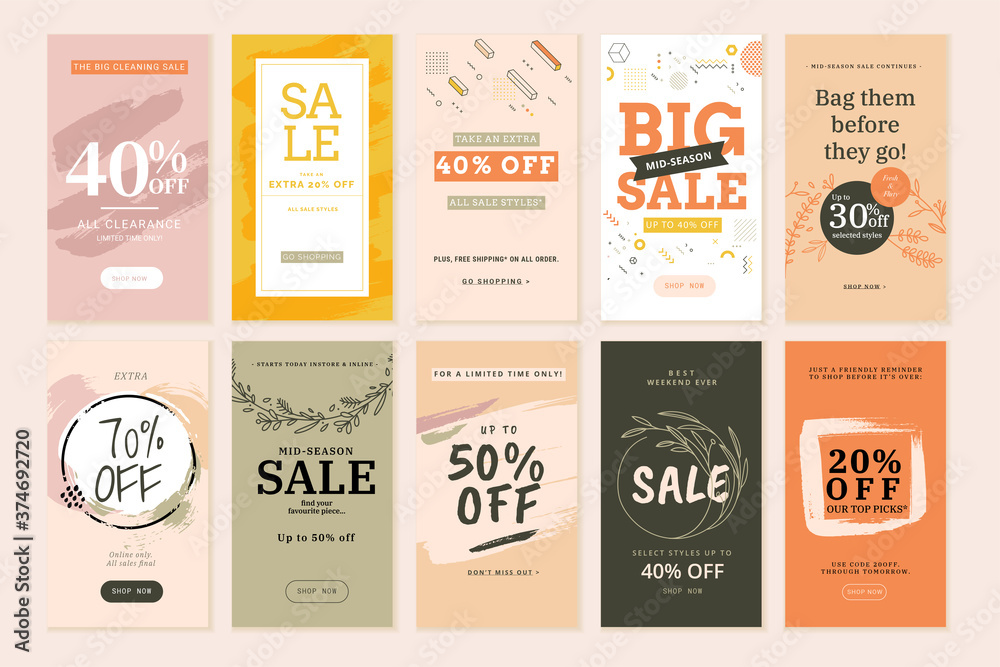 Fototapeta premium Social media sale banners and web ads templates set. Vector illustrations for website and mobile banners, print material, newsletter designs, coupons, marketing.