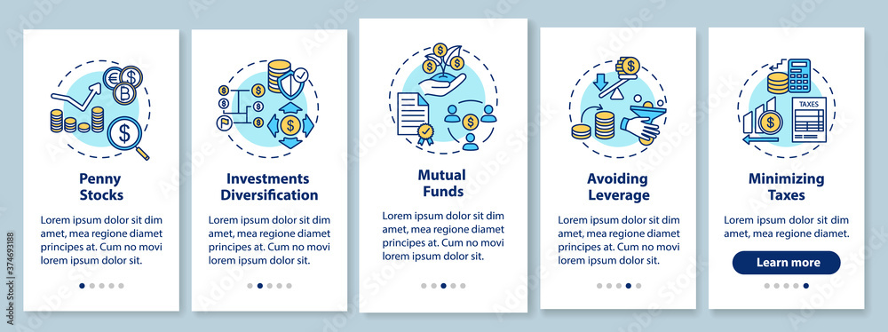Business investment tips onboarding mobile app page screen with concepts. Finances and economics walkthrough five steps graphic instructions. UI vector template with RGB color illustrations