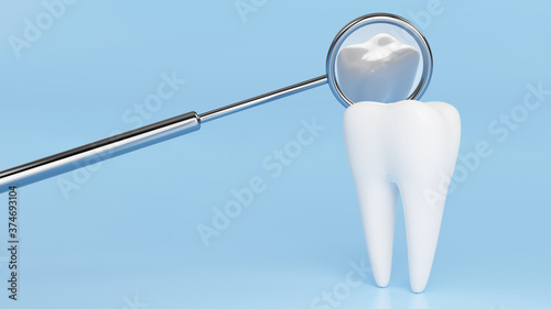 White tooth with reflection in metal dental mirror. Dentist background design concept. 3D rendering image.