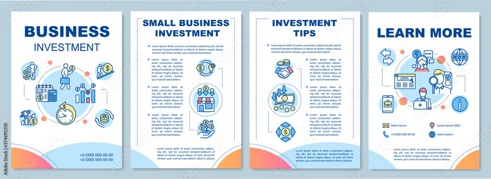 Business investment brochure template. Finances management tips flyer, booklet, leaflet print, cover design with linear icons. Vector layouts for magazines, annual reports, advertising posters