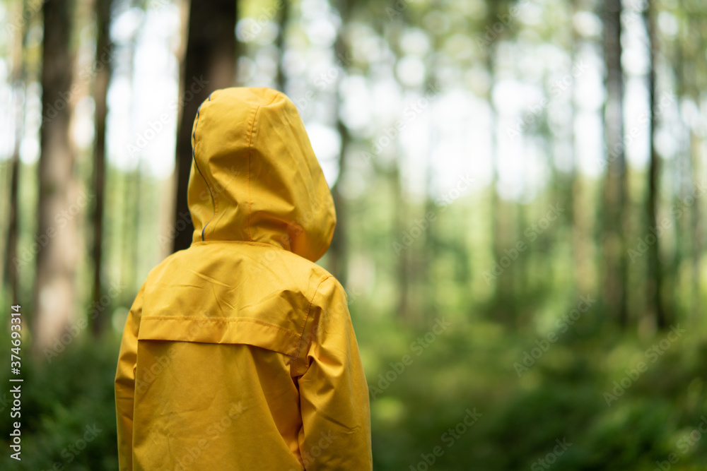 Litte boy plays in the woods with a yellow jacket Litte boy plays in the woods with a yellow jacket