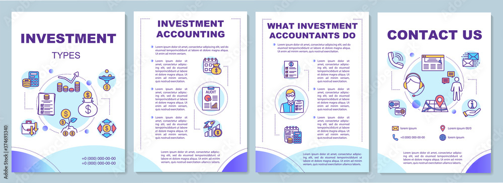 Investment types brochure template. Financial accounting company flyer, booklet, leaflet print, cover design with linear icons. Vector layouts for magazines, annual reports, advertising posters