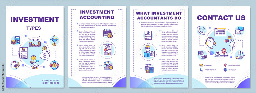 Naklejka premium Investment types brochure template. Financial accounting company flyer, booklet, leaflet print, cover design with linear icons. Vector layouts for magazines, annual reports, advertising posters