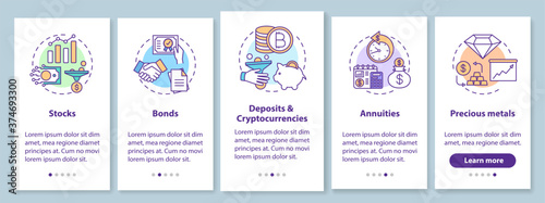 Investment types onboarding mobile app page screen with concepts. Money investing opportunities walkthrough five steps graphic instructions. UI vector template with RGB color illustrations