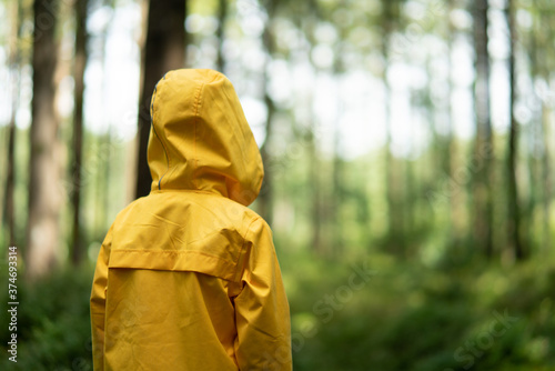 Litte boy plays in the woods with a yellow jacket