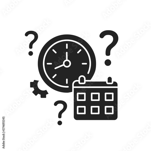 Clock and calendar with a question mark glyph black icon. Confusion with time and date. Dementia symptom. Memory loss. Sign for web page, mobile app, button, logo.