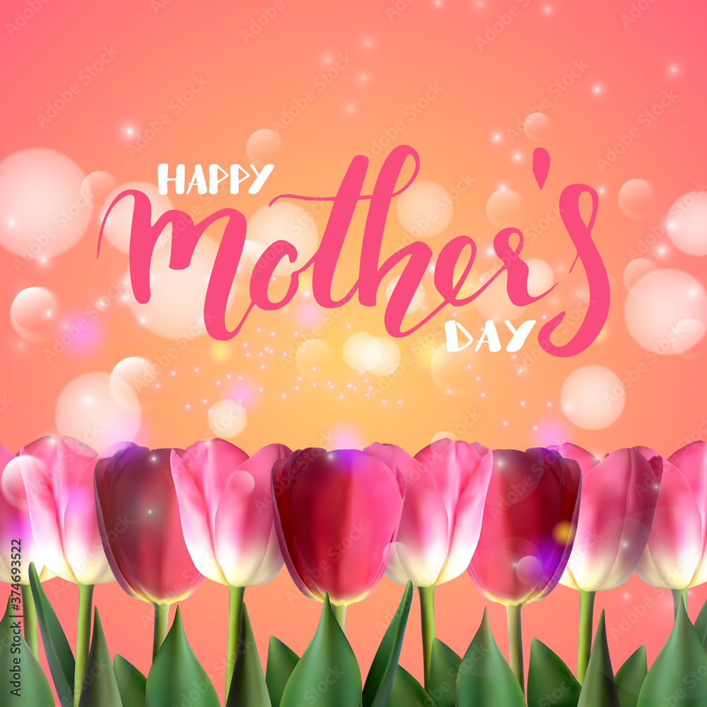 Happy Mother's day quote, hand written lettering with beautiful tulips, vector illustration Happy Mother's day quote, hand written lettering with beautiful tulips, vector illustration