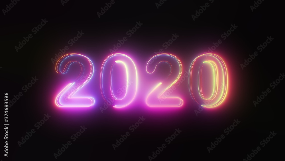 3D rendering background with multi-colored neon text 2020 on black. Computer generated bright festive effect 3D rendering background with multi-colored neon text 2020 on black. Computer generated bright festive effect