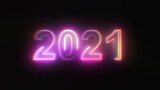 3D rendering background with multi-colored neon text 2021 on black. Computer generated bright festive effect