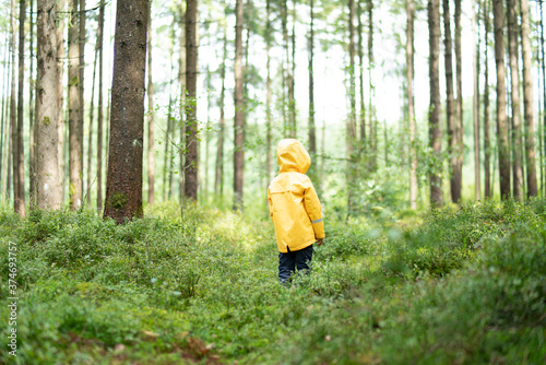 Litte boy plays in the woods with a yellow jacket