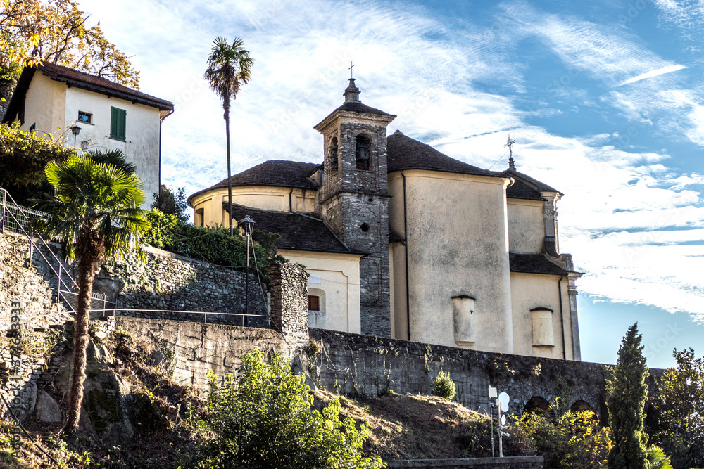 beautiful church in Maccagno against a blue sky