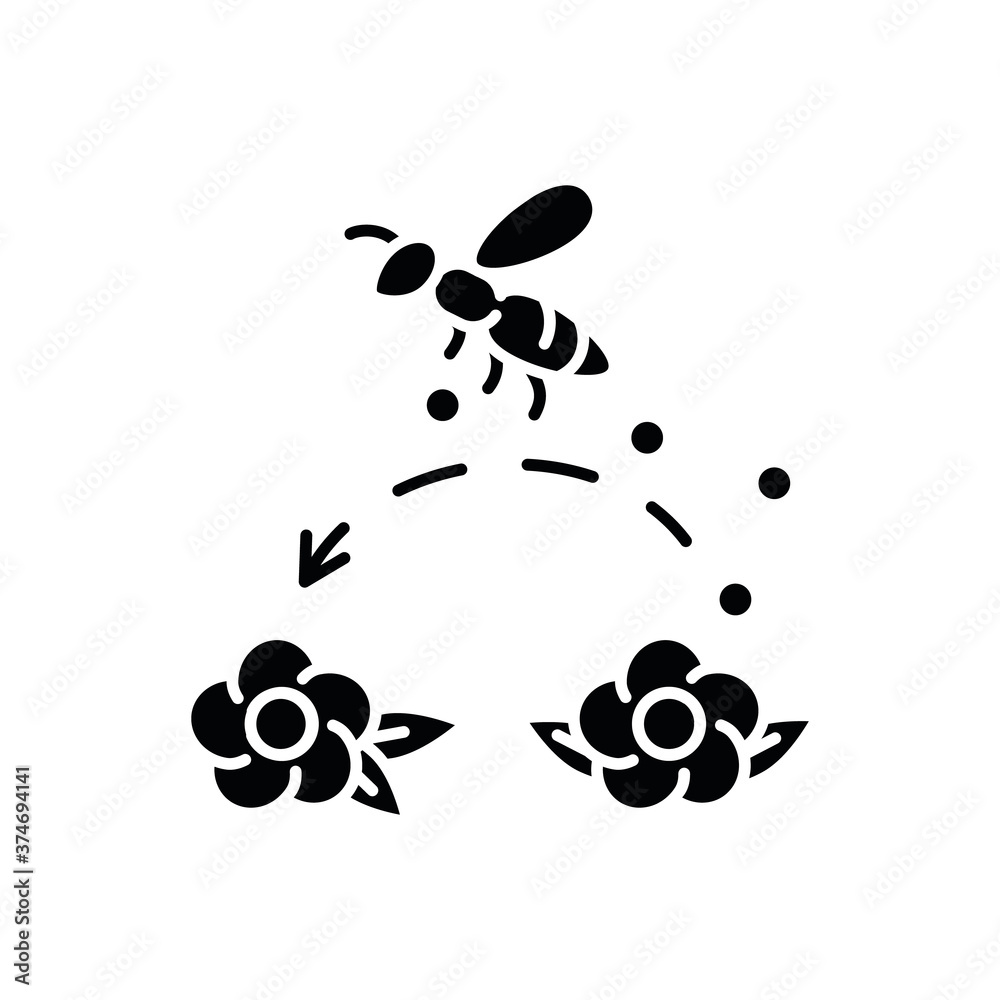 Pollination black glyph icon. Working bee collecting nectar, carrying wildflower pollen. Beekeeping, botany silhouette symbol on white space. Honeybee pollinating flowers vector isolated illustration Pollination black glyph icon. Working bee collecting nectar, carrying wildflower pollen. Beekeeping, botany silhouette symbol on white space. Honeybee pollinating flowers vector isolated illustration