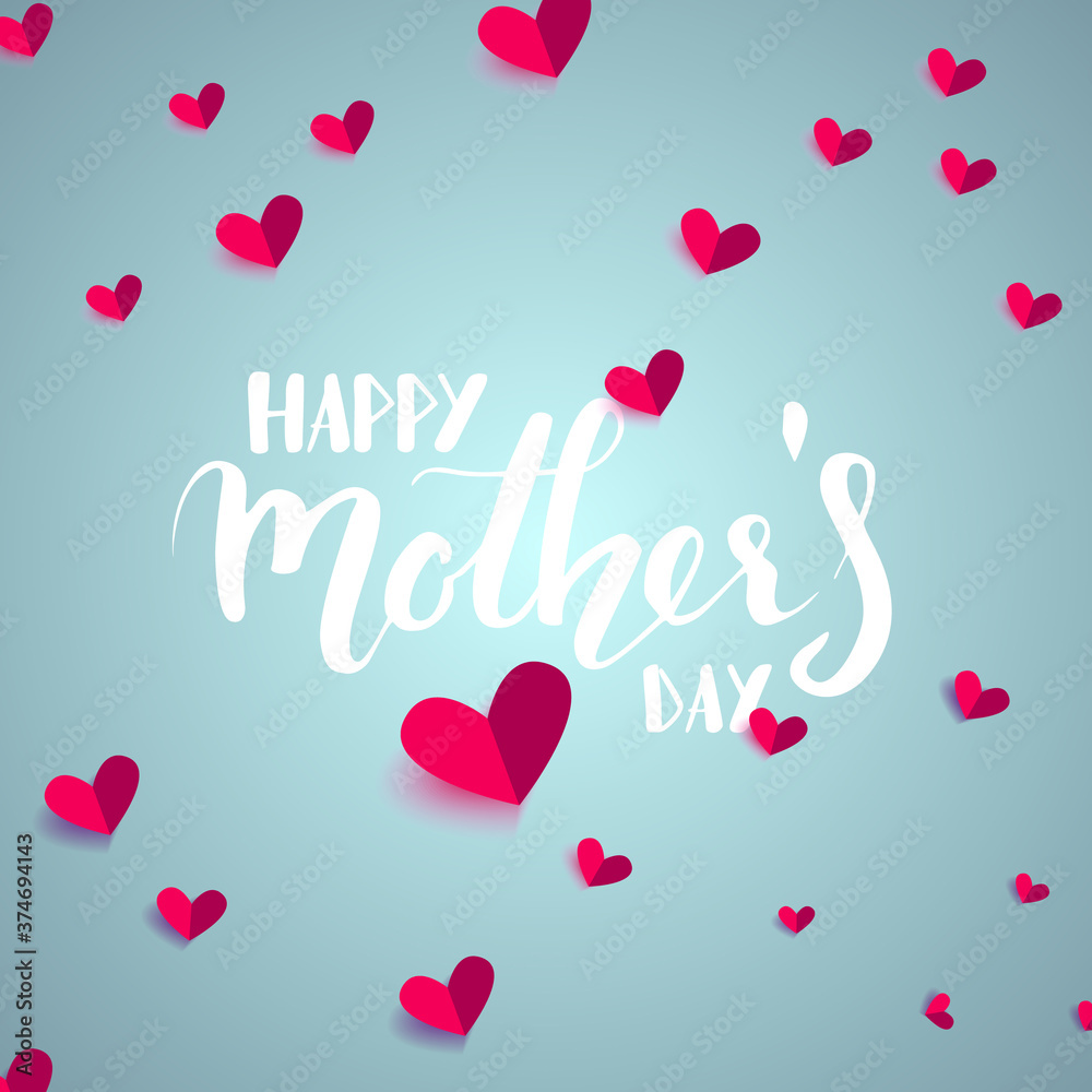 Happy Mother's day quote, hand written lettering with red paper hearts, vector illustration