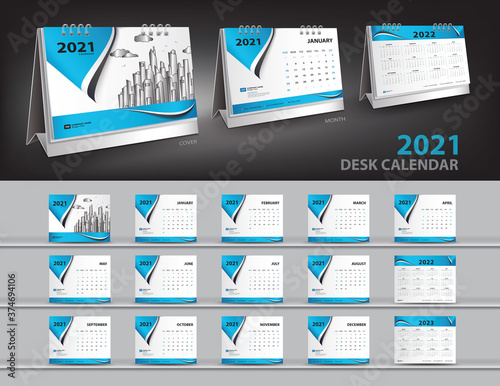 Calendar 2021, 2022, 2023 year template vector and  3d mockup desk calendar, Set Desk Calendar 2021 vector creative design, Blue cover design, Set of 12 Months, Week starts Sunday, Stationery.