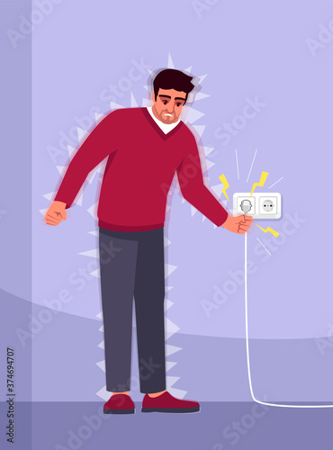 Electric shock experience semi flat RGB color vector illustration. Household accident. Electrical injury. Young man suffered from electricity isolated cartoon character on purple background