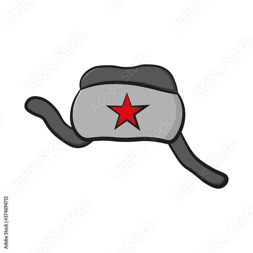 Fur hat with earflaps with a star icon. Front view. Colored contour silhouette. Vector flat graphic hand drawn illustration. The isolated object on a white background. Isolate.