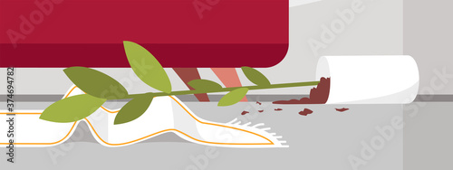 Flower pot fell to floor semi flat RGB color vector illustration. Behaviour problems. Crumbling soil. Clutter-inducing habits. Mess in house isolated cartoon object on grey background
