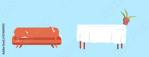 Red shabby sofa, table with white cloth and flower pot semi flat RGB color vector illustration set. House design, interior architecture isolated cartoon objects collection on blue background