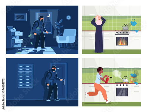 Homeplace accidents semi flat vector illustration set. Night bulgar intrusion into apartment. Woman puts out fire with extinguisher 2D cartoon scenes collection for commercial use