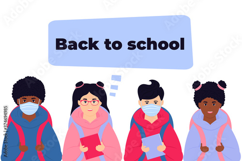 Boys wear face mask protect virus. Kids with backpacks and books ready to go back to school. Afro American pupils