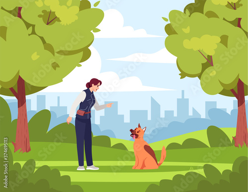 Dog training semi flat vector illustration. Woman teaches naughty dog 2D cartoon character for commercial use. Park area. Dog training specialist. Green bright environment  nice weather.