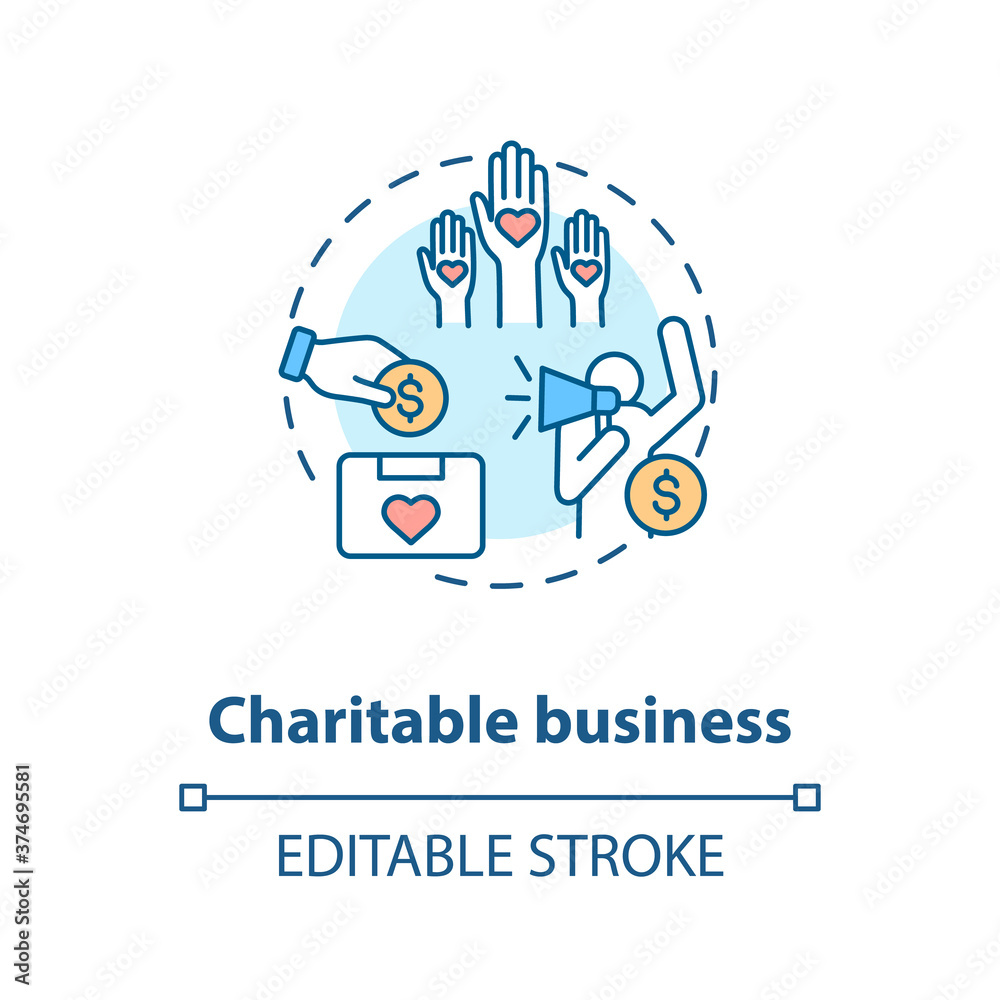 Charitable business concept icon. Investment in non profit organizations idea thin line illustration. Social cause support and contribution. Vector isolated outline RGB color drawing. Editable stroke Charitable business concept icon. Investment in non profit organizations idea thin line illustration. Social cause support and contribution. Vector isolated outline RGB color drawing. Editable stroke