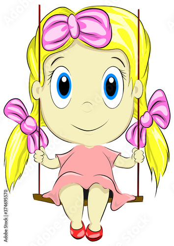 Little girl with bows in her hair swings on a swing hand-drawn vector illustration of children's joy