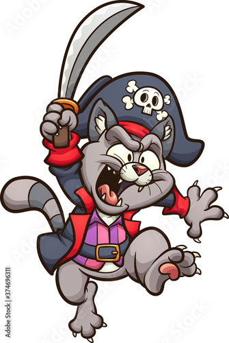 Cartoon jumping pirate cat with sword. Vector clip art illustration. All on a single layer.
