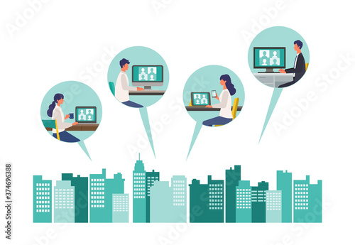 Telecommuting concept. Vector illustration of people having communication via telecommuting system. Concept for video conference, workers at home.  photo