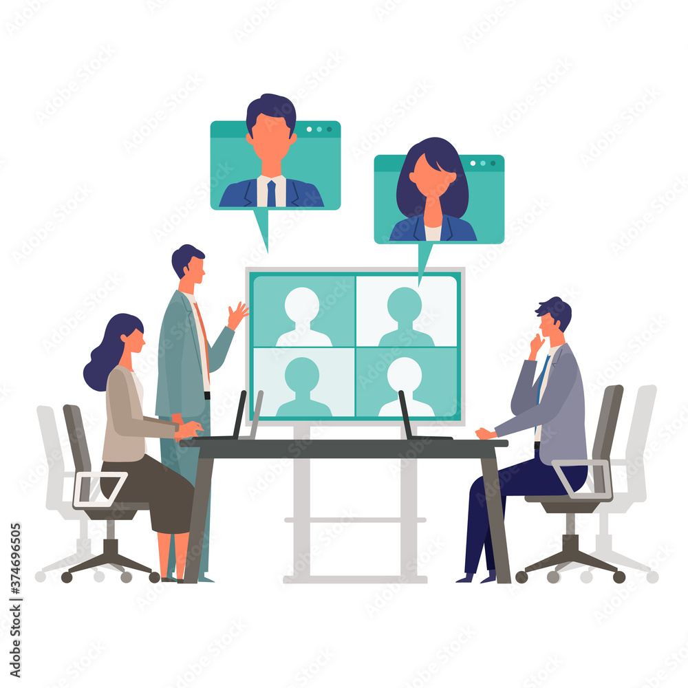 Telecommuting concept. Vector illustration of people having communication via telecommuting system. Concept for video conference, workers at home.