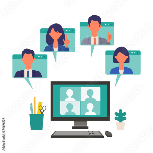 Telecommuting concept. Vector illustration of people having communication via telecommuting system. Concept for video conference, workers at home.