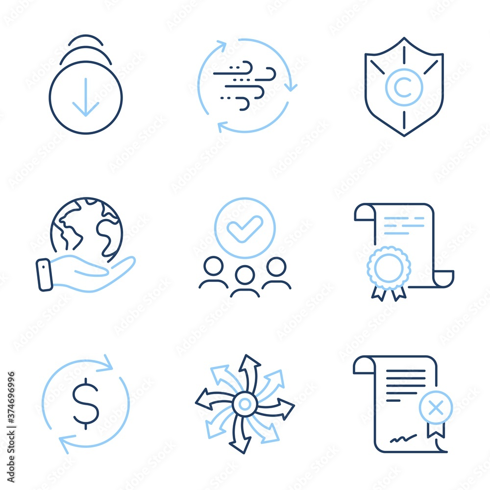Reject certificate, Scroll down and Wind energy line icons set. Diploma certificate, save planet, group of people. Copyright protection, Dollar exchange and Versatile signs. Vector Reject certificate, Scroll down and Wind energy line icons set. Diploma certificate, save planet, group of people. Copyright protection, Dollar exchange and Versatile signs. Vector