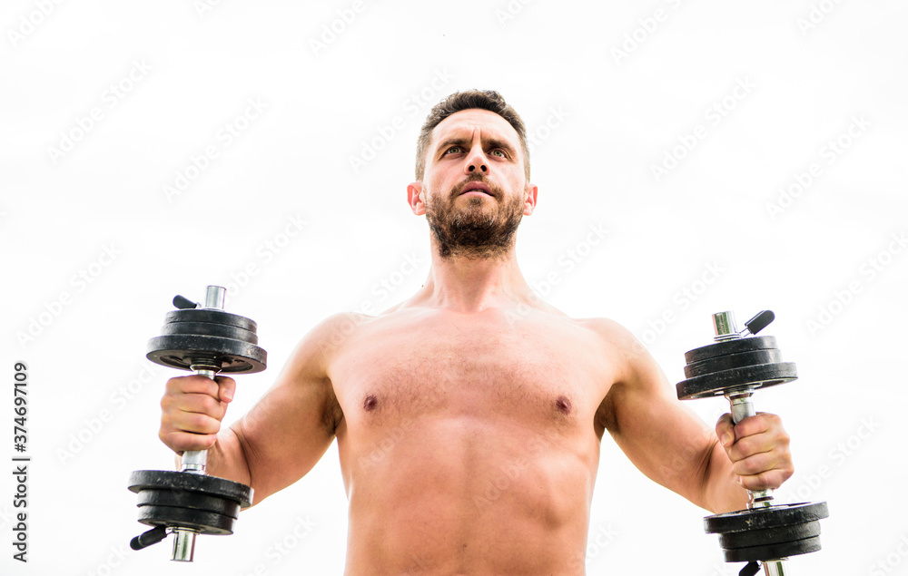 Best exercise. Muscular man exercising with barbell. fitness and sport equipment. man sportsman with strong ab torso. steroids. athletic body. Dumbbell gym. success. Perfect six pack