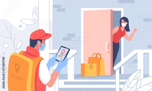 Contactless delivery. Cartoon courier carrying parcel to customers door, people on quarantine receive packages. Vector illustration delivery service banner with woman on background door and package