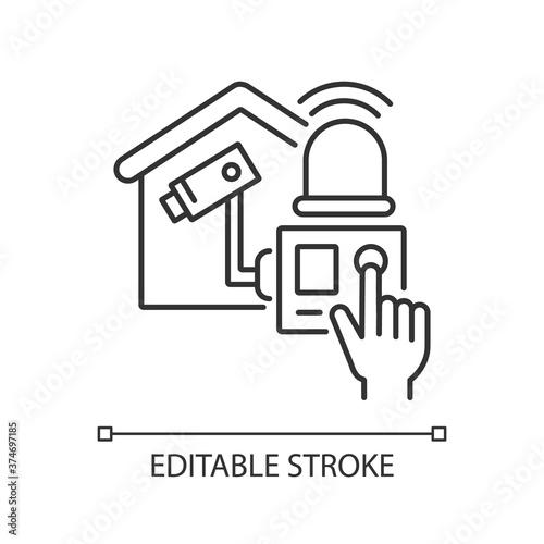 Home alarm system linear icon. Wireless alarms. Monitoring house. Smart CCTV. Home improvements. Thin line customizable illustration. Contour symbol. Vector isolated outline drawing. Editable stroke